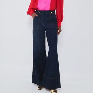 Tuckernuck x India Hicks Dark Denim Palladium Wide Flare Leg Jeans NWT Size 6